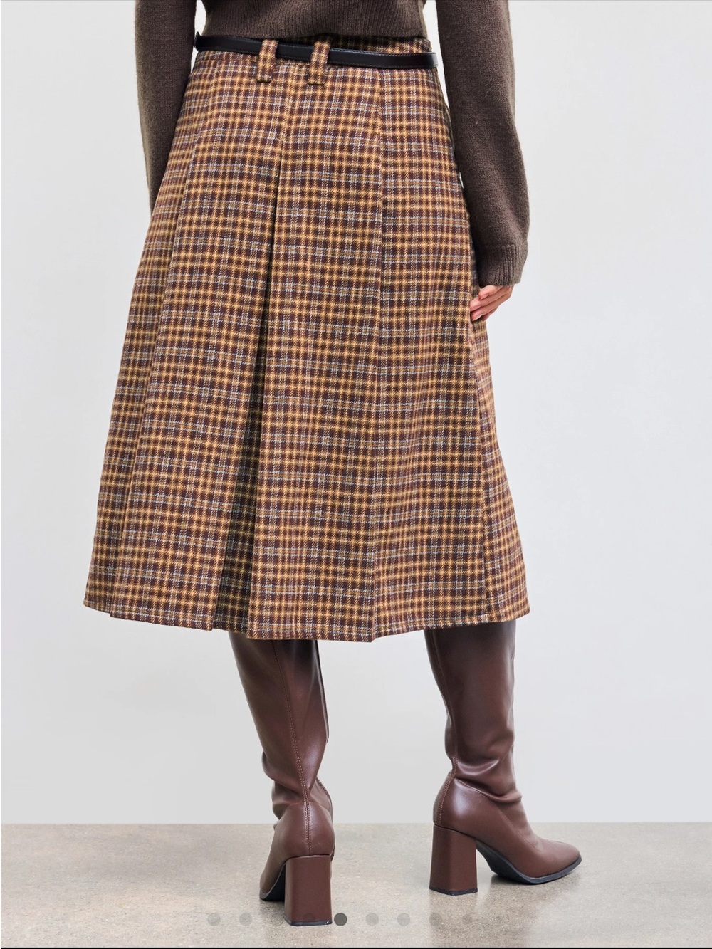 Cider plaid A-Line Midi Skirt with Belt - Brown - Picture 2 of 4